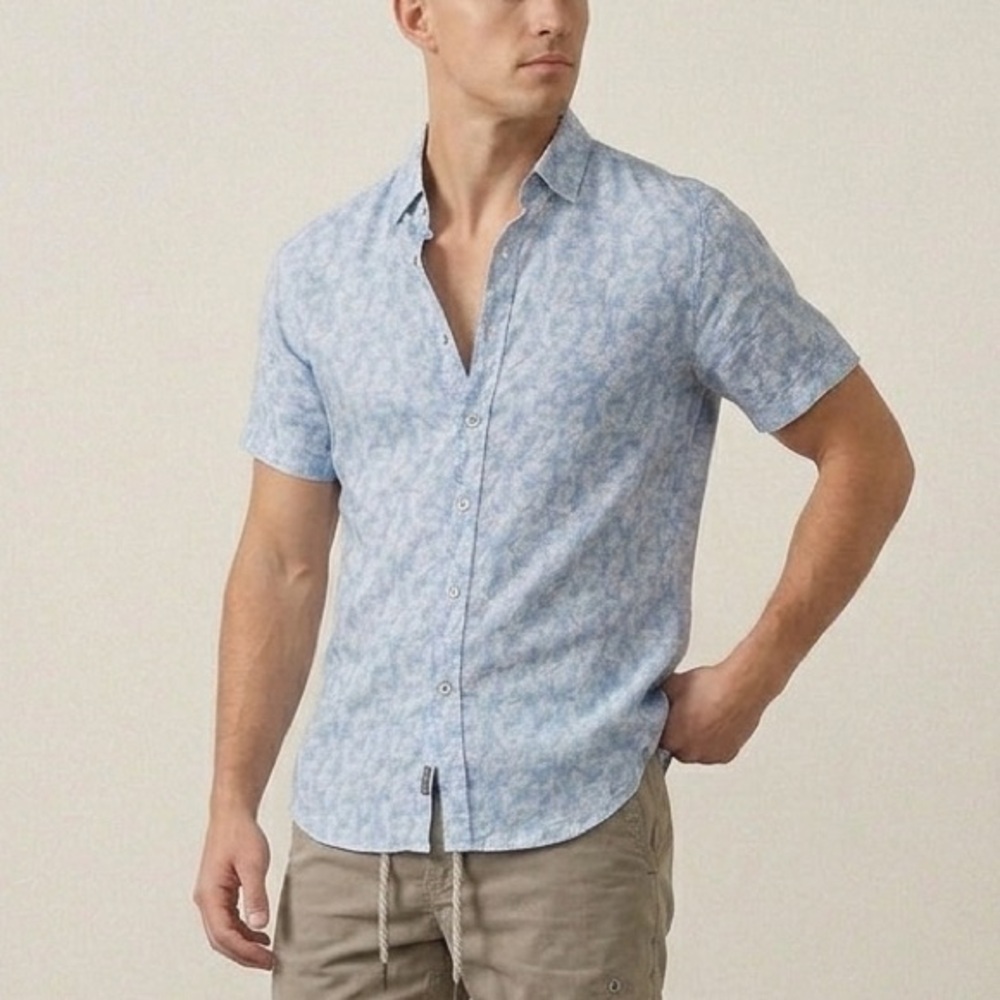 Heritage Mens Light Blue Palmetto Print Linen Short Sleeve Button Down Shirt